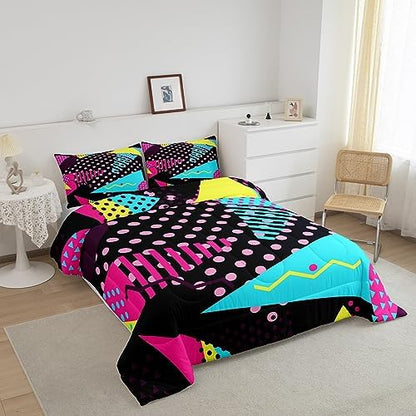 Manfei Memphis Comforter Set King Size, Retro 80s or 90s Fashion Style Quilt Set with 2 Pillowcases, Geometric Triangle Circle Bedding Set 3pcs for Kids Boy Girls Lightweight Duvet Insert