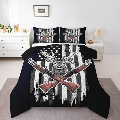 Erosebridal Deer Comforter Set American Flag Bedding Set King Size Hunting Theme Duvet Set Western Rustic Farmhouse Decor Quilts Wild Animal Elk Print Down Comforter USA Flag Comforter 3 Pcs