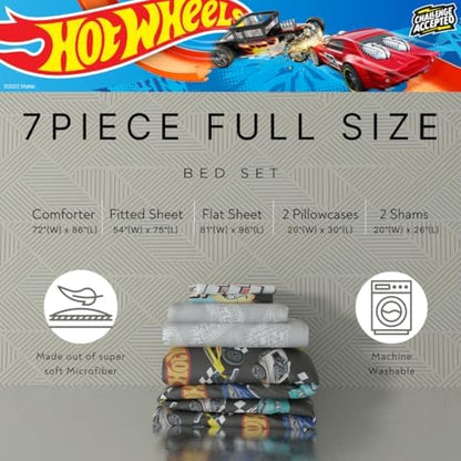 Hot Wheels Kids Bedding Super Soft Comforter and Sheet Set with Sham, 7 Piece Full Size, (Officially Licensed Product) By Franco