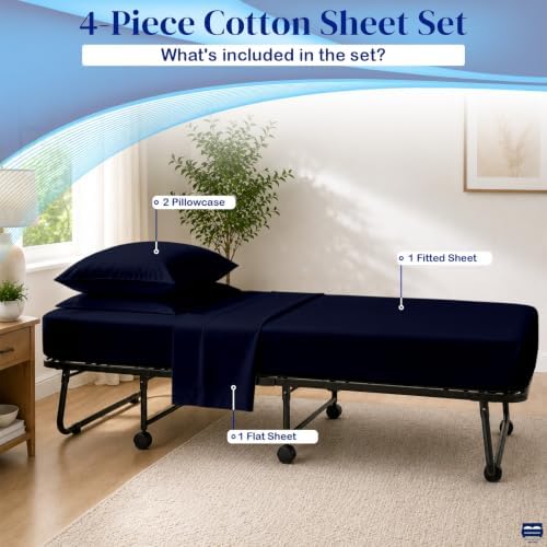 Cottingon 4 PC Cot Sheet Set 25"X75", Egyptian Cotton, Navy Blue