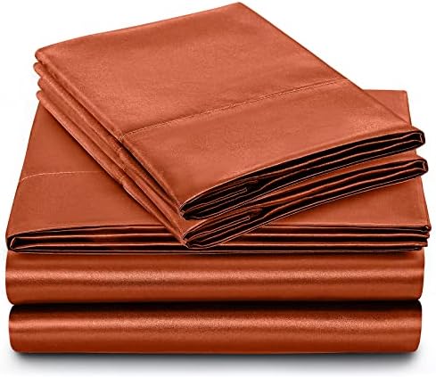 SiinvdaBZX 4Pcs Satin Sheet Set King Size 15-in Deep Pocket, Autumn Orange