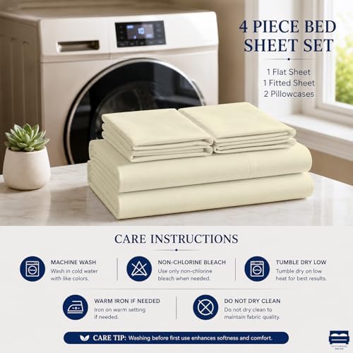 Cottingon 4 PC Olympic Queen Sheets, 15" Deep, Egyptian Cotton, Beige