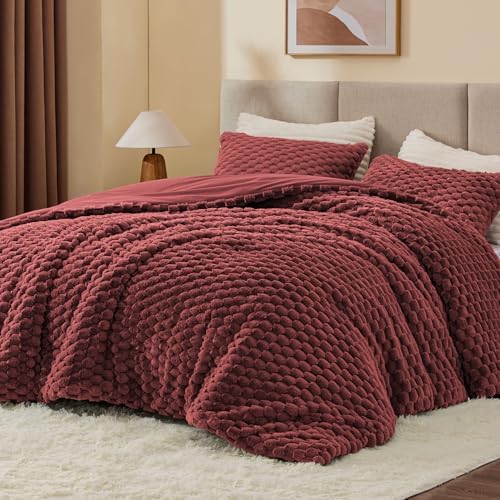 BEDELITE Fluffy King Size Comforter Set, Burgundy Fleece Bed Set 3 Pieces