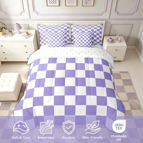 Feelyou Checkered Retro Comforter Set with Sheets 7 Piece Full Size Purple Plaid Bedding Set for Kids Boys Girls Geometric Vintage Bed in a Bag Modern Simple Groovy Aesthetic Room Decor Soft