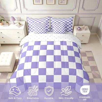 Feelyou Checkered Retro Comforter Set with Sheets 7 Piece Full Size Purple Plaid Bedding Set for Kids Boys Girls Geometric Vintage Bed in a Bag Modern Simple Groovy Aesthetic Room Decor Soft