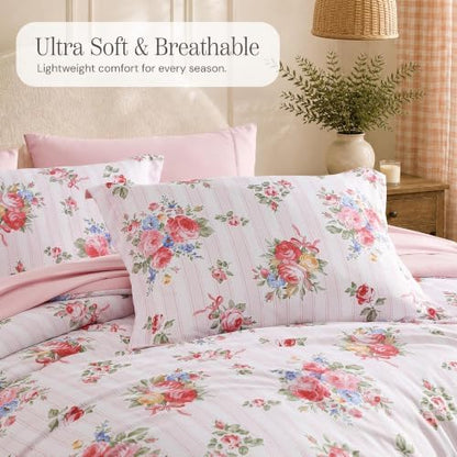 BLOOMHAVEN Twin XL Comforter Set-5 Pieces Pink Floral Bed in a Bag