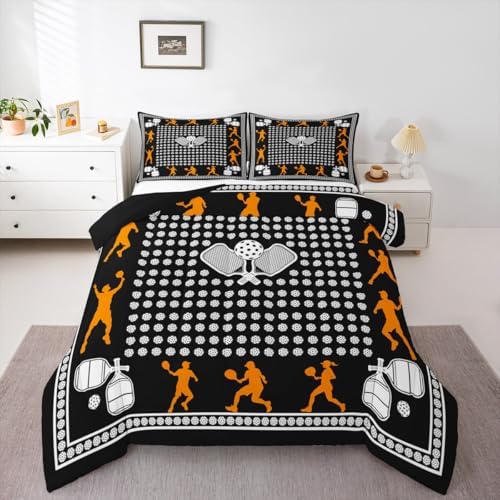 Castle Fairy Pickleball Bedding Set Queen Size Athlete Silhouette Comforter for Child Teens Sports Ball Gaming Down Comforter Geometric Circle Dots Duvet Insert with 2 Pillowcases