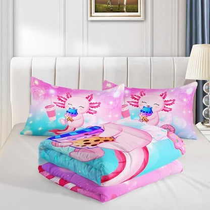 HOSIMA Axolotl Twin Comforter Set Cute Animal Bedding Room Decor for Teen Girls Dessert Milk Tea Donut Bed Princess Toddler Bedding Set Fantasy Blue Purple Twin Bed in a Bag Sets for Adults Teens.