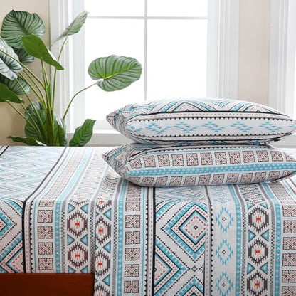 CozySmile 4 Pieces King Sheet Set Bohemian, Boho Sheets Soft Microfiber Deep Pocket, Western Sheets Geometric(King, Turquoise Geometric)