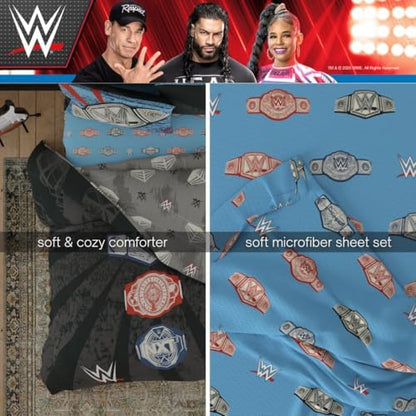WWE Wrestlemania Bedding Super Soft Microfiber Comforter and Sheet Set, 5 Piece Full Size, (Officially Licensed Product) By Franco