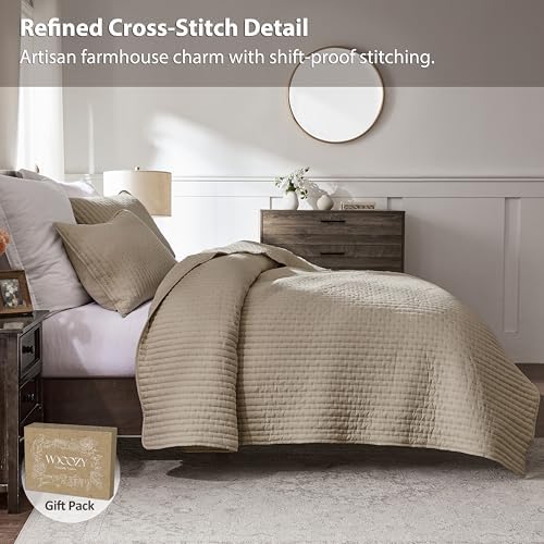 WDCOZY Dark Beige Cross Stitch Queen Size Quilt Set, Striped Lightweight Soft Bedspread, Tan Channel Farmhouse Rustic Coverlet, All Season Country Bedding, Thin Comforter