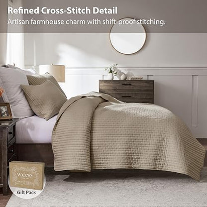 WDCOZY Dark Beige Cross Stitch Queen Size Quilt Set, Striped Lightweight Soft Bedspread, Tan Channel Farmhouse Rustic Coverlet, All Season Country Bedding, Thin Comforter