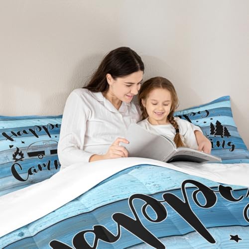 Camping Comforter Set King Size,Wooden Plank Pine Trees Rustic Farmhouse Bedding Set 3pcs for Kids Boys Girls Adults,RV Trailer Camper Decor Down Comforter,Blue Retro Duvet Insert,2 Pillowcases