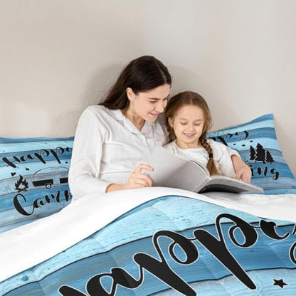 Camping Comforter Set King Size,Wooden Plank Pine Trees Rustic Farmhouse Bedding Set 3pcs for Kids Boys Girls Adults,RV Trailer Camper Decor Down Comforter,Blue Retro Duvet Insert,2 Pillowcases