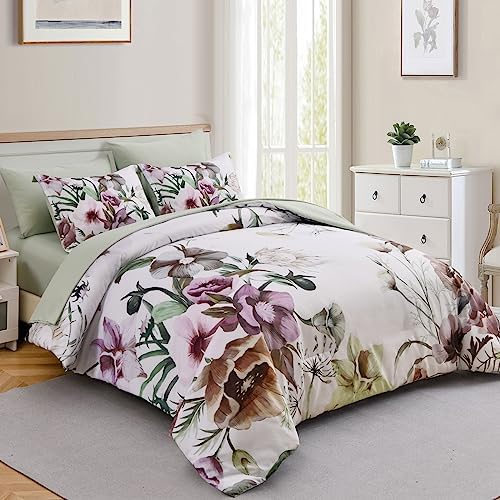 Luxudecor Floral Comforter Set Queen Size 7 Piece, Green Flower Bed in a Bag, Elegant Floral Comforter with Sheet Set, Soft Microfiber Bedding Set for All Season (Green, 90"x90")
