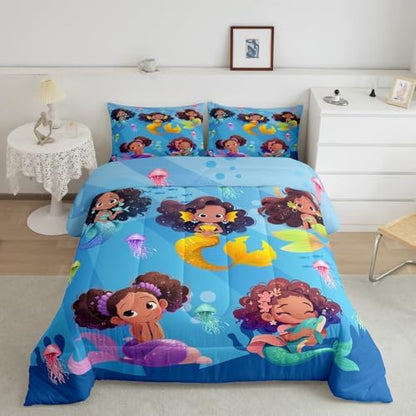 Homewish Black Girl Mermaid Comforter Set Full Size,Colorful Jellyfish Bedding Set 3Pcs,Cartoon Mermaid Quilt Set for Kids Teens Girls Room Decor,Cute Black Girls African Duvet Insert,2 Pillowcases