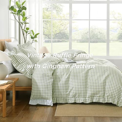 Andency Sage Gingham Duvet Cover Queen, Ruffle Shabby Bedding Set 3 Pcs