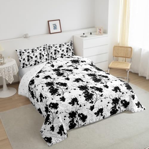 jejeloiu Black Flower Comforter Set Toddler Size Kids Floral Bedding Set for Boys Girls Teens Botanical Duvet Breathable Minimalist Aesthetics Quilt Bedroom Decor,1 Comforter with 1 Pillowcase