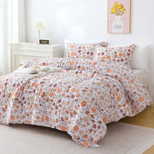 Mooreeke Floral King Size Comforter Sets, Orange and Red Vintage Floral Patterned Bedding for All Seasons, 3-Piece Vintage Bed in a Bag with Fluffy Quilted Reversible Comforter & 2 Pillow Shams