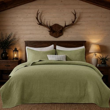DOWN HOME Twin Quilt Bedding Set with Sham, Vintage Washed Soft Quilted Blanket Thin Comforter Lightweight Bedspread Coverlet Bed Cover, Brushed Microfiber Stripe Stitching, Golden Olive, 66"x92"