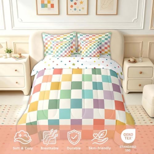 Feelyou Multicolored Checkered Retro 7 Piece Bedding Set Kids Boys Geometric Vintage Comforter Set with Sheets Queen Size Green Yellow Colorful Bed in a Bag Modern Simple Groovy Aesthetic Room Decor