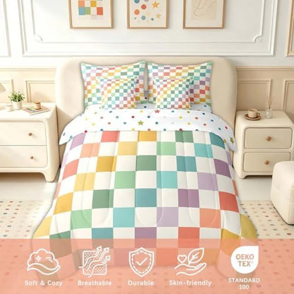 Feelyou Multicolored Checkered Retro 7 Piece Bedding Set Kids Boys Geometric Vintage Comforter Set with Sheets Full Size Green Yellow Colorful Bed in a Bag Modern Simple Groovy Aesthetic Room Decor