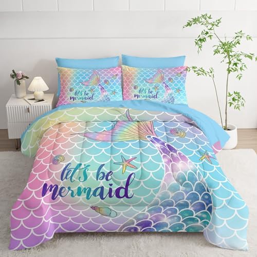 7Pcs Mermaid Tail Comforter Set Rainbow Scales Printed Bedding Set with 1 Comforter, 1 Flat Sheet, 1 Fitted Sheet and 4 Pillowcases for Girls Bedroom All Season(Queen)