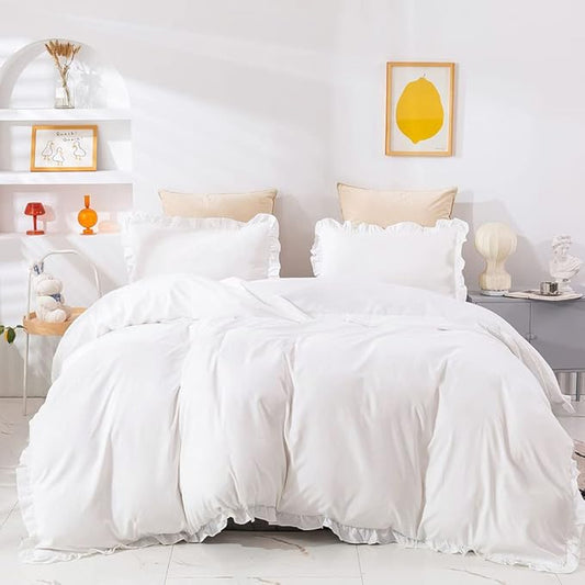 CLOTHKNOW White Ruffle Queen Comforter Set Farmhouse Bedding Comforter Sets Shabby Chic Comforter Soft Comforter with 2 x Pillow Cases