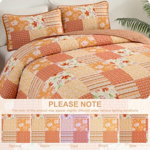 Mybedsoul Orange Boho Quilts Queen Size, Patchwork Floral Fall Bedding Set