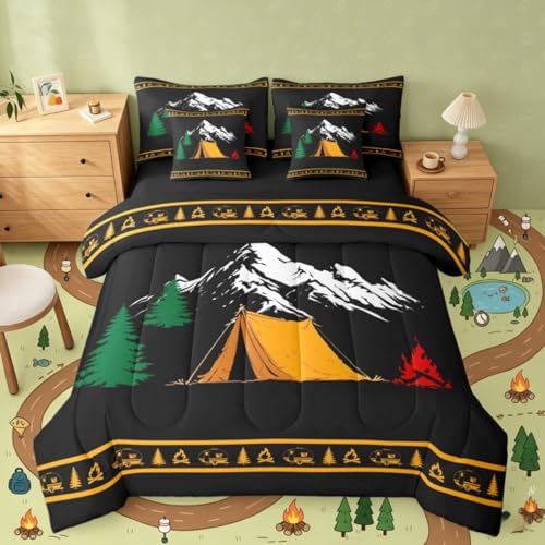 Erosebridal Happy Camping King Size Bed in A Bag Camper Rv Comforter Set with Sheets for Kids Boys Teens Bedroom Mountain Pine Tree 7 Piece Bedding Set Rustic Cabin Lodge Bed Sets, Black Orange
