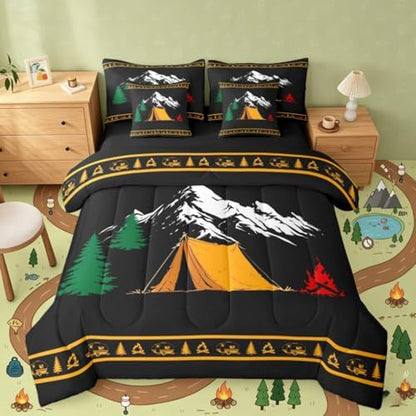 Erosebridal Happy Camping King Size Bed in A Bag Camper Rv Comforter Set with Sheets for Kids Boys Teens Bedroom Mountain Pine Tree 7 Piece Bedding Set Rustic Cabin Lodge Bed Sets, Black Orange