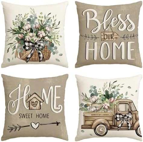 AVOIN colorlife Bless Our Home Farmhouse Eucalyptus Leaves Throw Pillow Covers, 18 x 18 Inch Truck Home Sweet Home Cushion Case Decorations Set of 4