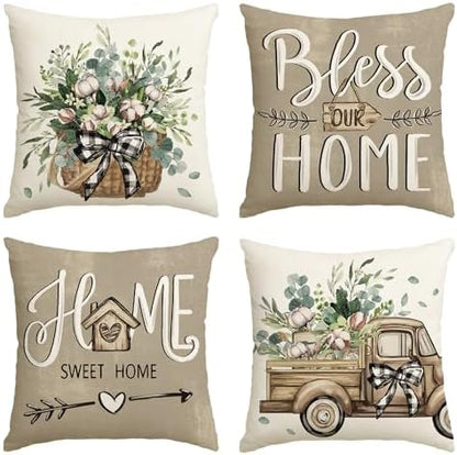 AVOIN colorlife Bless Our Home Farmhouse Eucalyptus Leaves Throw Pillow Covers, 18 x 18 Inch Truck Home Sweet Home Cushion Case Decorations Set of 4