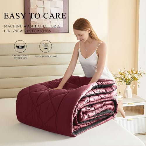 MIOTO 120x98 Oversized King Comforter,Super King Size Comforter Oversized, All Season Soft Lightweight Quilt Down Alternative Duvet Insert with 8 Corner Tabs, Burgundy/Black