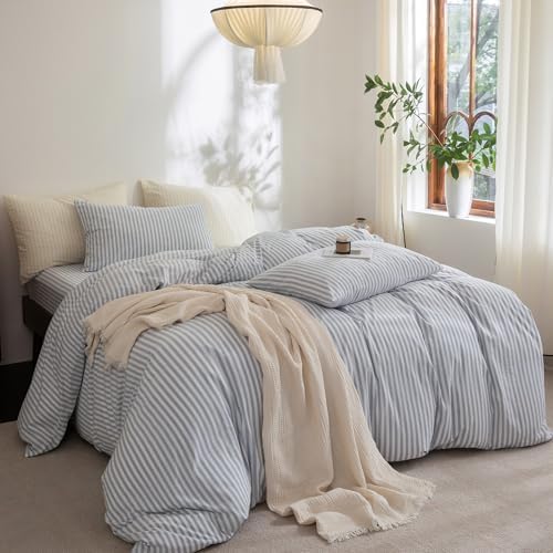 FOSSA Striped Duvet Cover Set 100% Washed Cotton Linen Feel California King