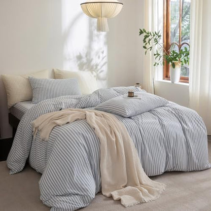 FOSSA Striped Duvet Cover Set 100% Washed Cotton Linen Feel California King