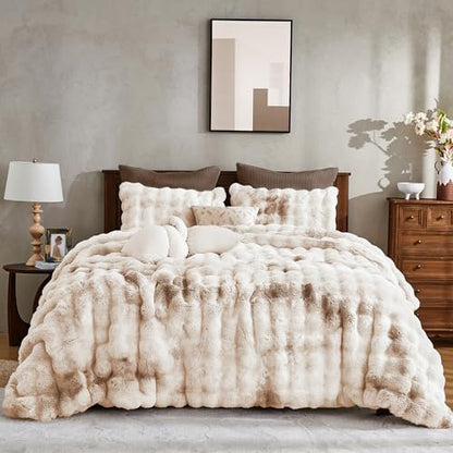 Wonderful - 3 Pieces Faux Rabbit Fur Comforter Set Queen Size, Beige Tie Dye Plush Bedding Set, 3D Sculpted Bubble Warm Fluffy Comforter for Winter