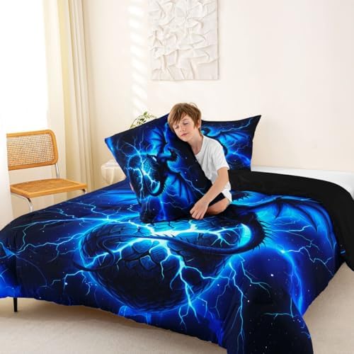 Feelyou Dragon Kids Comforter Set King Size Chic Outer Space Starry Sky Bedding Set ungle Animals Dragon Duvet Quilt for Kids Boys Girls Bedroom Black Blue Decor Microfiber Ultra Soft Breathable