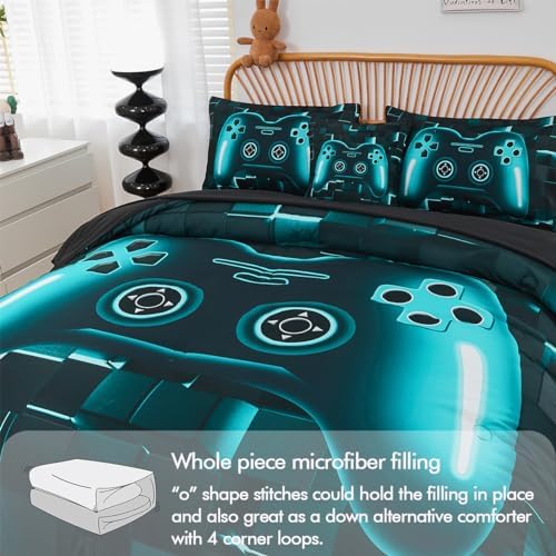 PERFEMET 6-Piece Boys Gamer Comforter Set Full Size Teal Blue Video Game Controller Bedding Comforter Set with Sheets Lightweight 3D Black Gaming Pattern Bed in a Bag for Kids Teen(Teal, Full)