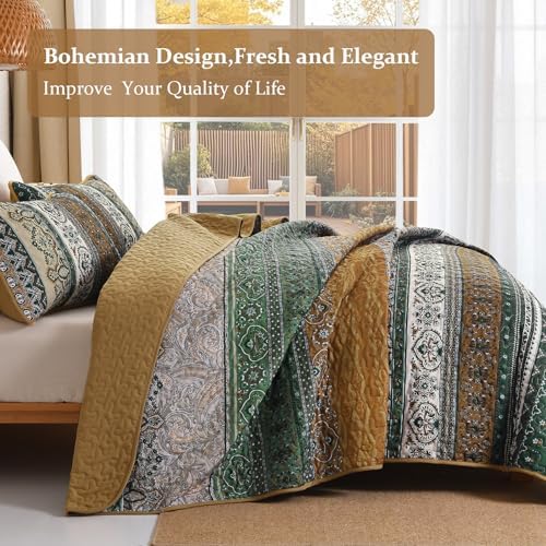 WONGS BEDDING Boho Quilt Queen Size,3 Pcs Bedspread Set, Brown Green