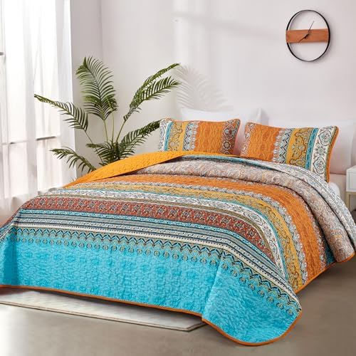 WONGS BEDDING Orange Quilt Queen Size, Boho Stripe Bedding Set, 96"x90"