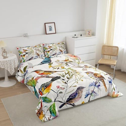 Homewish Teens Birds Pattern Comforter Set Queen Size,Spring Flowers Bedding Set for Kids Boys Girls Bedroom Decoration,Colorful Bed Duvet Insert,Garden Comforter with 2 Pillowcases