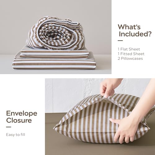 JELLYMONI 100% Cotton Sheet Set, Tan Striped, Full