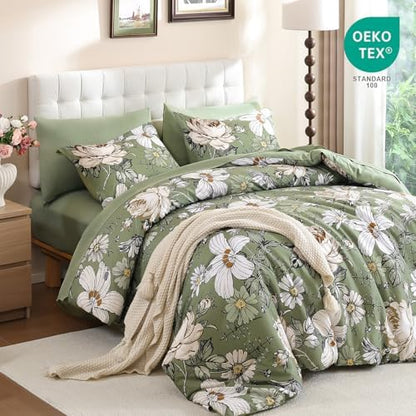 Luxudecor King Comforter Set 7 Pieces Bedding Sets,Olive Green Floral Comforter and Sheet Set,Soft Microfiber Bed in a Bag for All Seasons (Olive Green,104"x90")