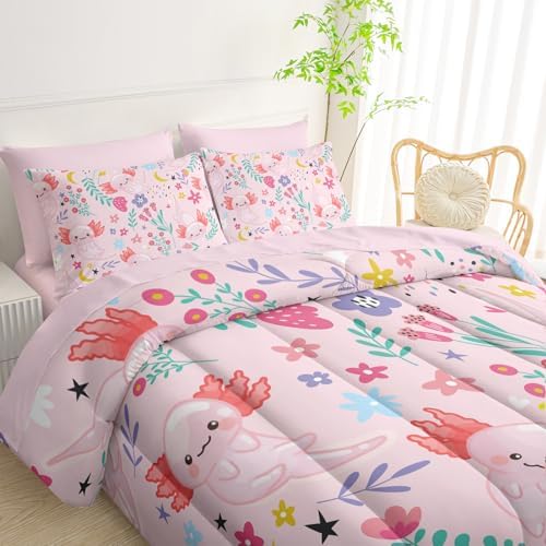 QOOMO Axolotl 7 Pieces Comforter Set Full Size,Pink Axolotl Bedding Set