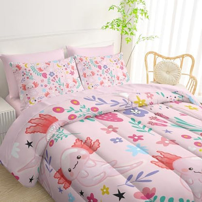 QOOMO Axolotl 7 Pieces Comforter Set Full Size,Pink Axolotl Bedding Set