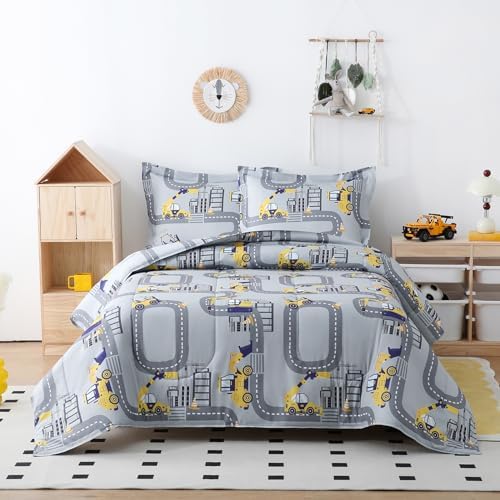 Yibeizi Truck Full Comforter for Boys Cute Grey Car Bedding Set