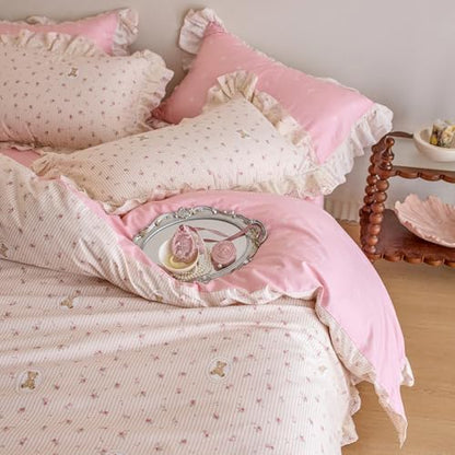 Full Duvet Cover Set 100% Cotton Pink Floral Duvet Cover with Romantic Ruffle Lace, Cute Bear Stripes Pattern Cottagecore Comforter Cover, Botanical Flower Aesthetic Princess Lace Bedding Set Full