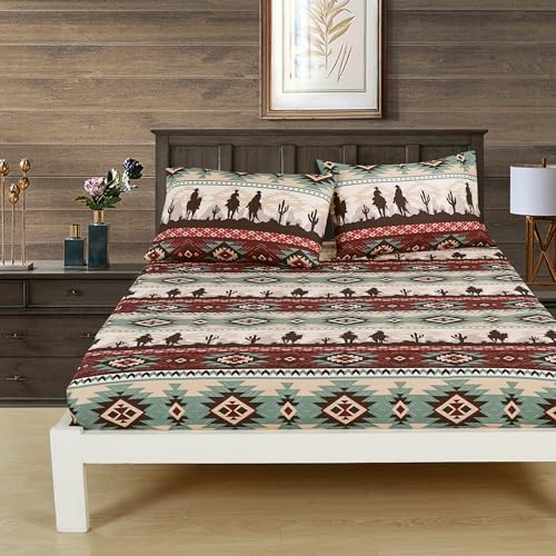 Chezmoi Collection 4-Piece Southwestern Cowboys Aztec Sheet Set Queen - Multicolor Teal Brown Beige Tan Red Printed Brushed Microfiber Lightweight Breathable Deep Pocket Bed Sheets