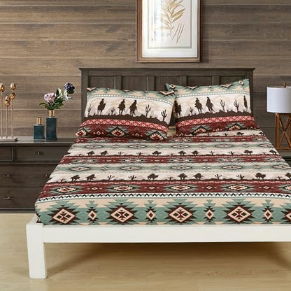 Chezmoi Collection 4-Piece Southwestern Cowboys Aztec Sheet Set California King - Multicolor Teal Brown Beige Tan Red Printed Brushed Microfiber Lightweight Breathable Deep Pocket Bed Sheets